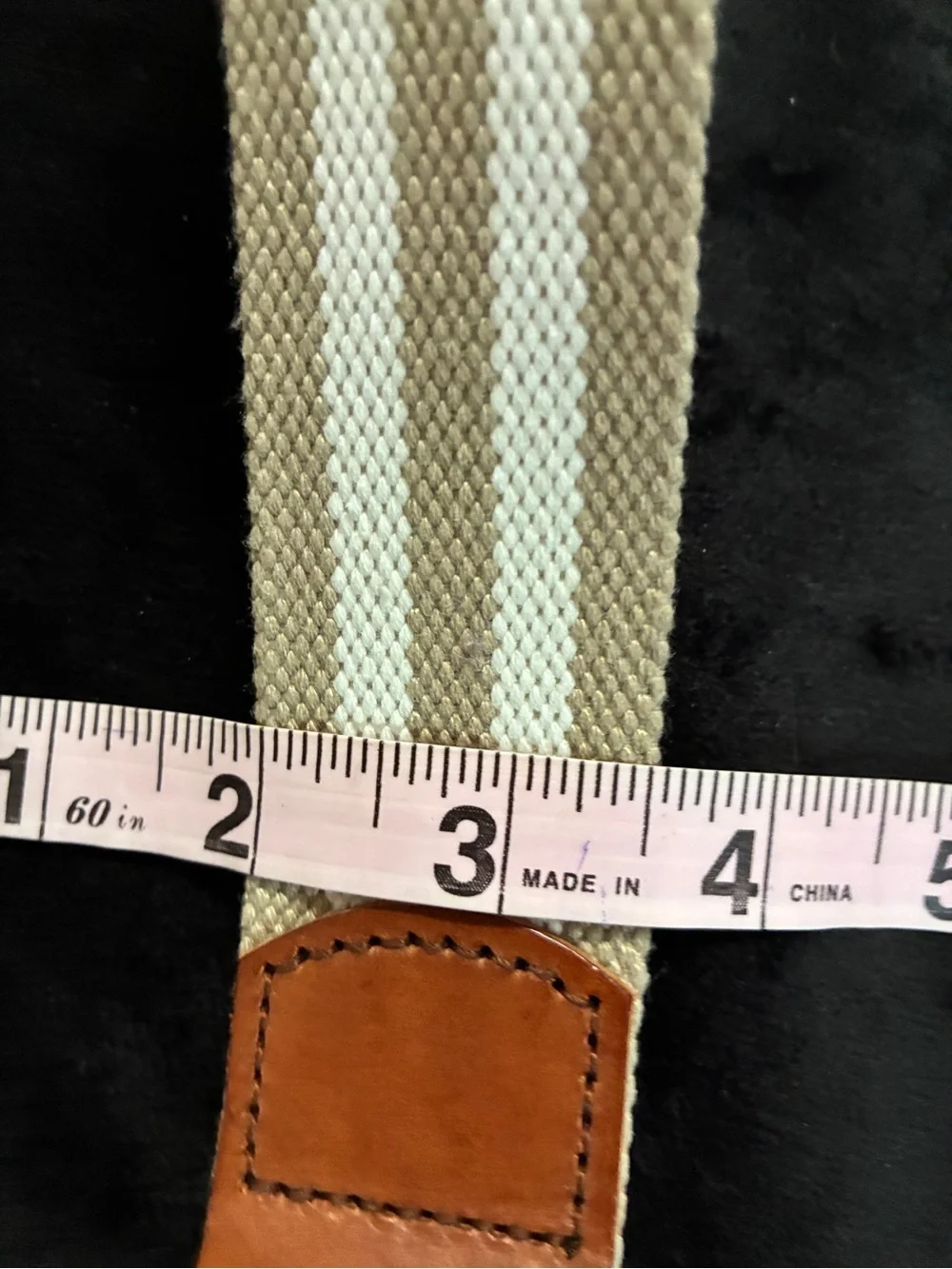Canvas Double D-Ring Belt Khaki White Striped Woven 45” x 1.5” Leather Trim